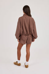 Check Twill Funnel Neck Jacket & Short - Burgundy