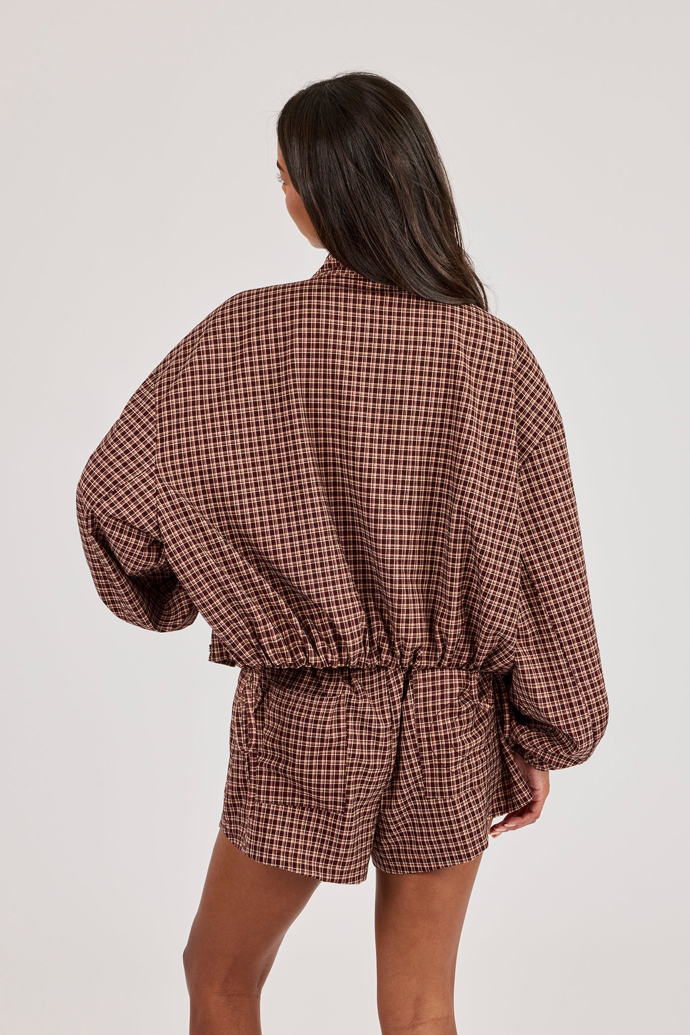Check Twill Funnel Neck Jacket - Burgundy