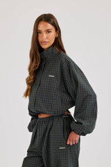 Check Twill Funnel Neck Jacket - Dark Green