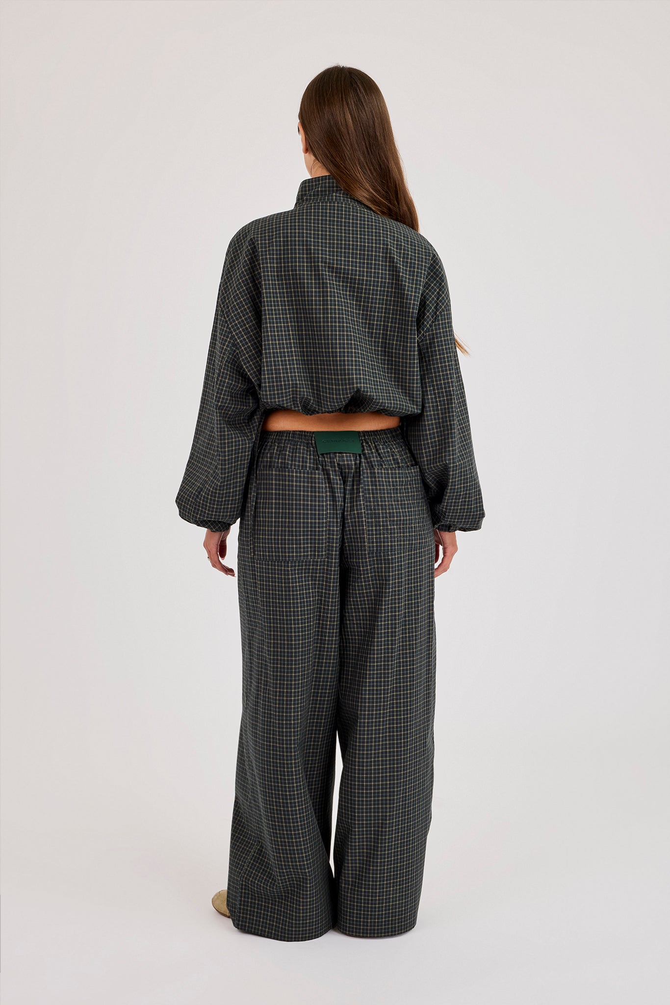Check Twill Funnel Neck Jacket & Wide Leg Trouser - Dark Green