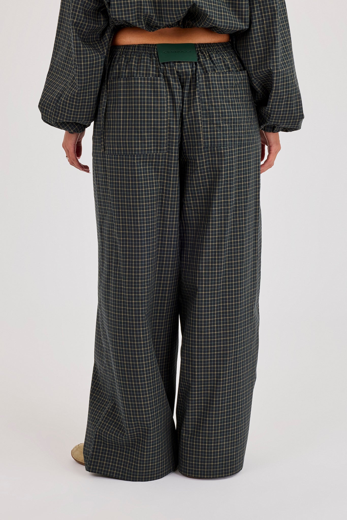 Check Wide Leg Trouser - Dark Green