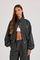 Check Twill Funnel Neck Jacket - Dark Green