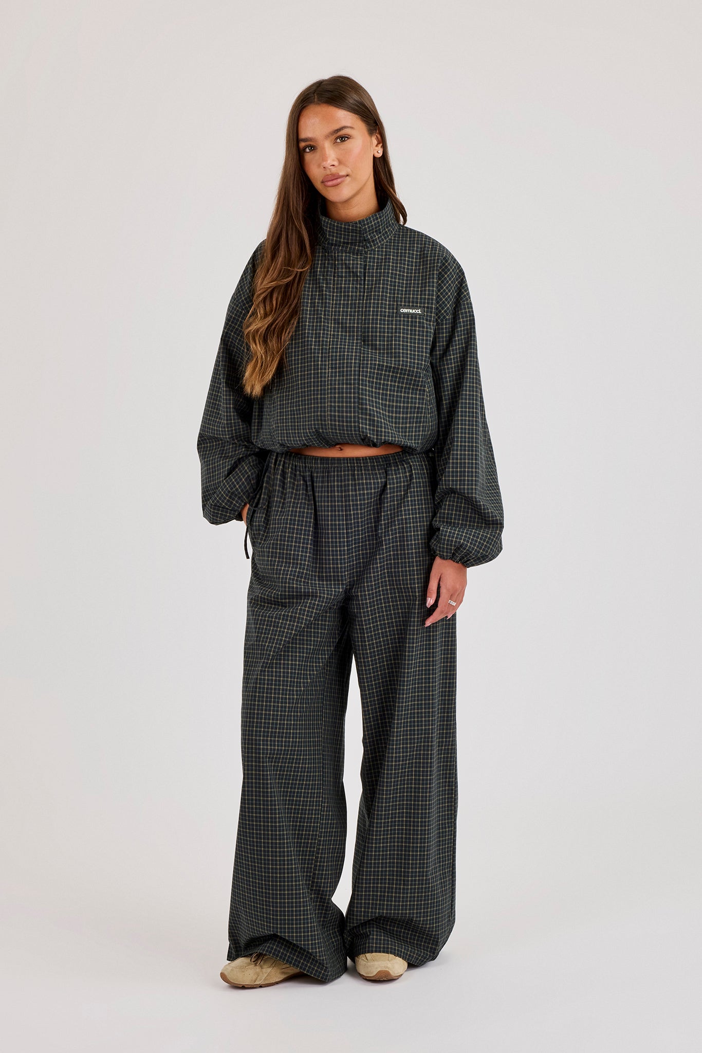 Check Twill Funnel Neck Jacket & Wide Leg Trouser - Dark Green