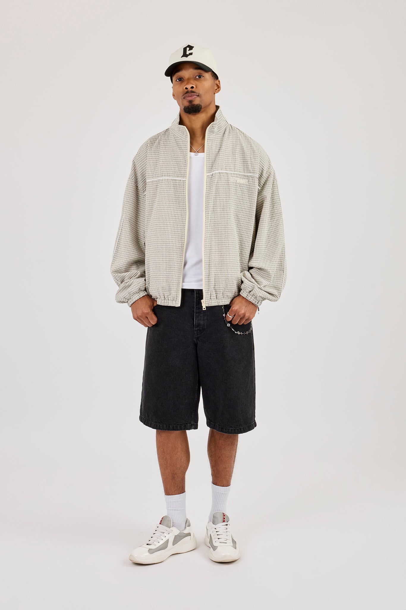Check Funnel Neck Track Jacket With Piping - Off White