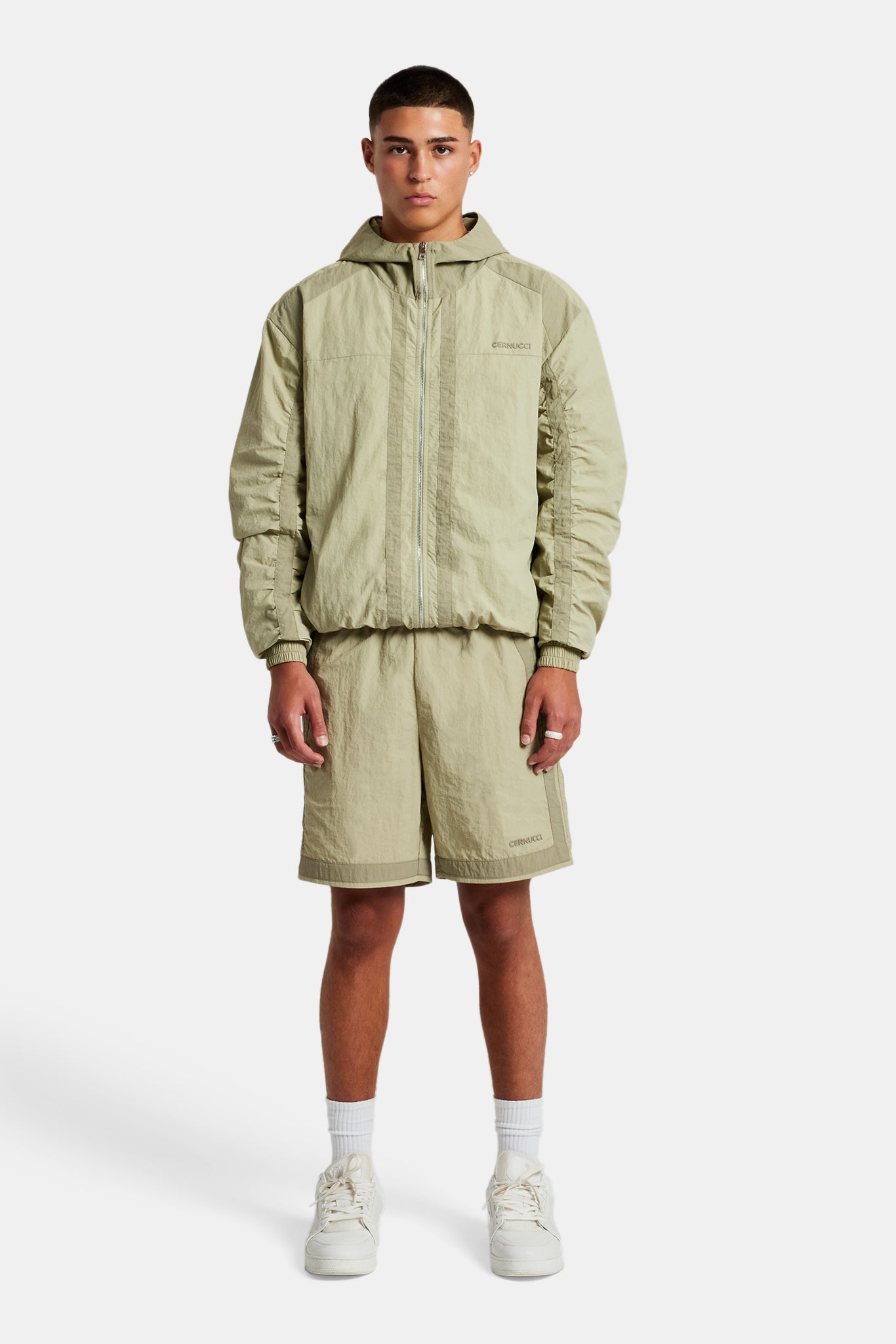 Nylon Colour Block Zip Through & Short Set - Light Khaki | Mens
