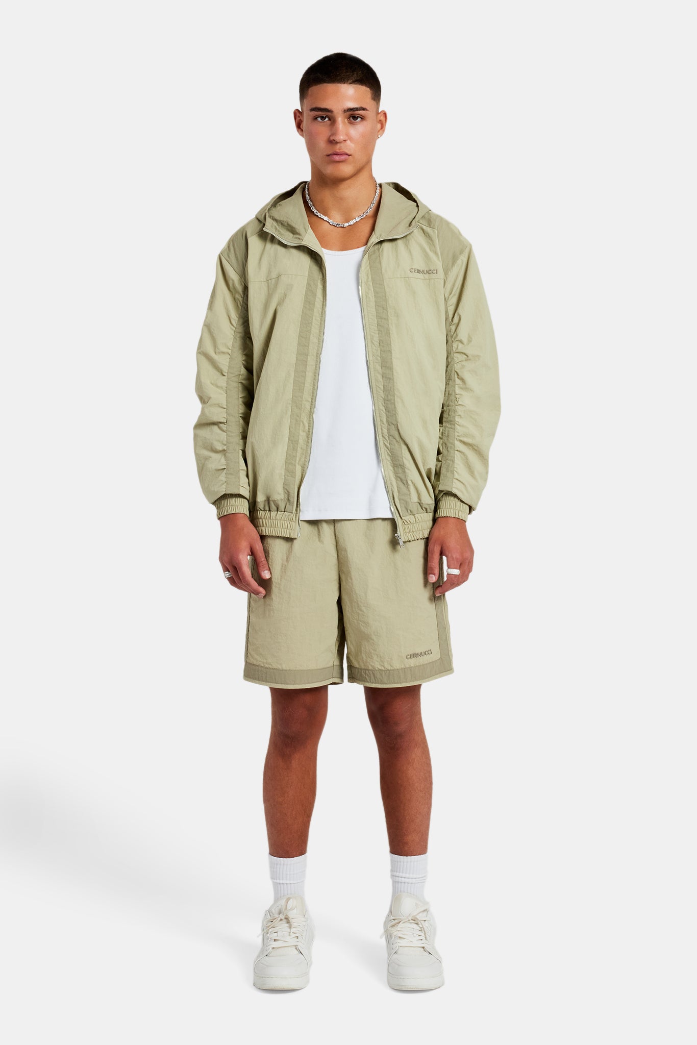 Nylon Colour Block Zip Through & Short Set - Light Khaki | Mens
