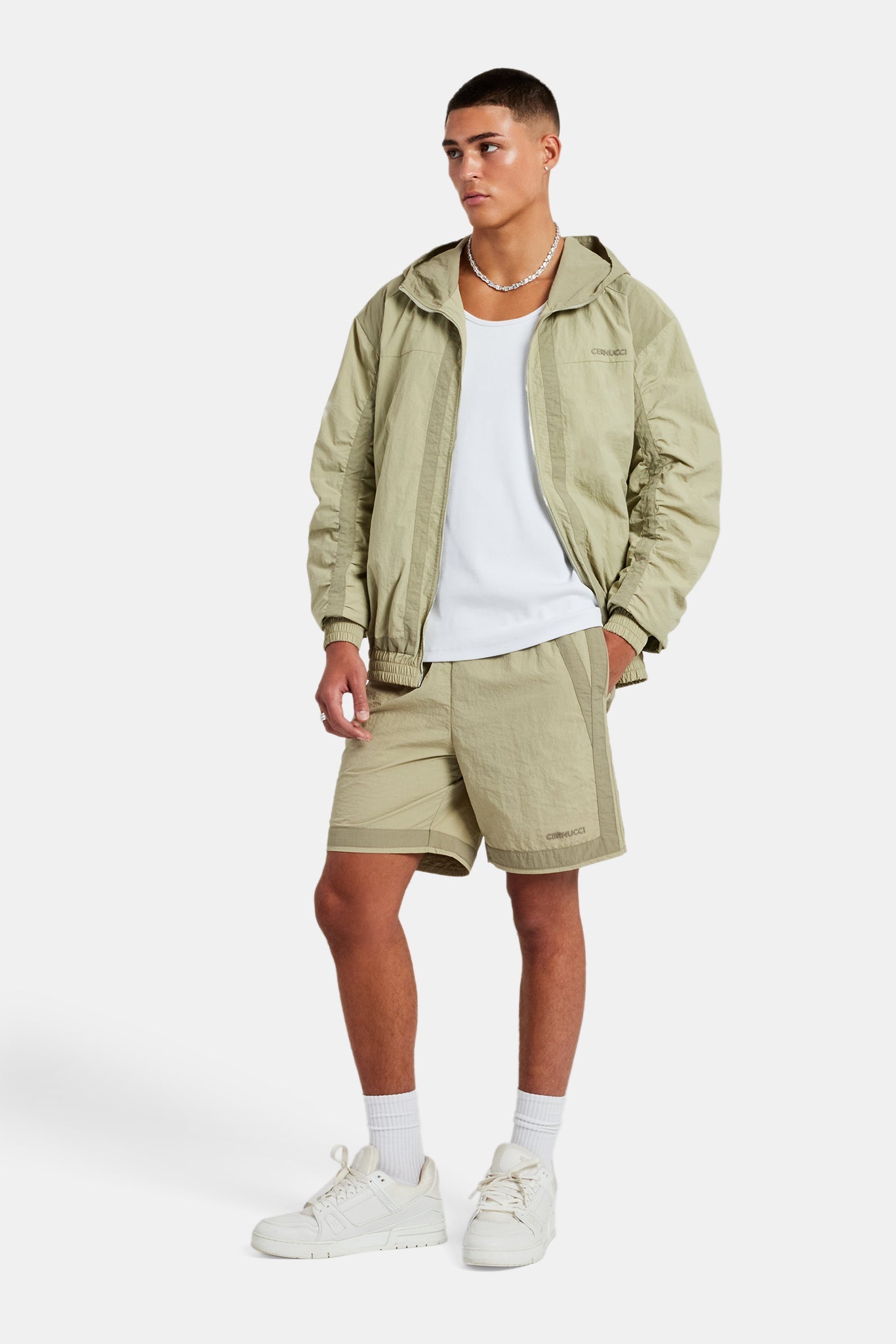 Nylon Colour Block Zip Through & Short Set - Light Khaki | Mens