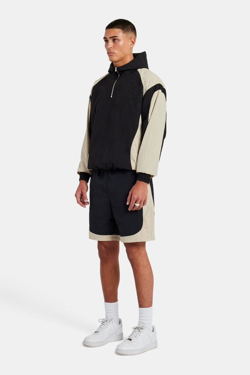 Nylon Hooded Track Jacket & Short Set - Black