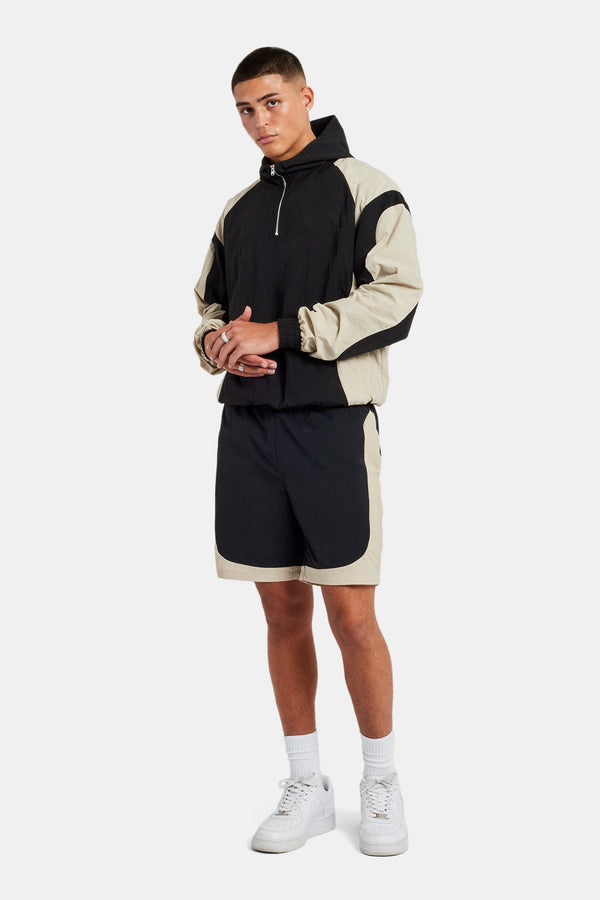 Nylon Hooded Track Jacket & Short Set - Black