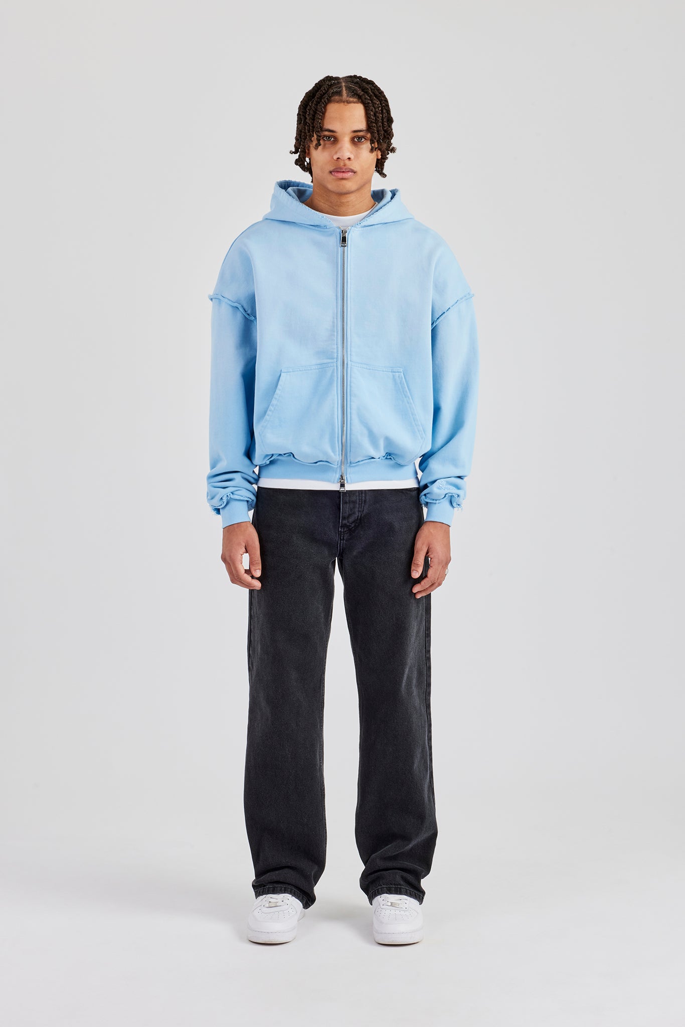 Boxy Washed Raw Edge Zip Through Hoodie - Light Blue