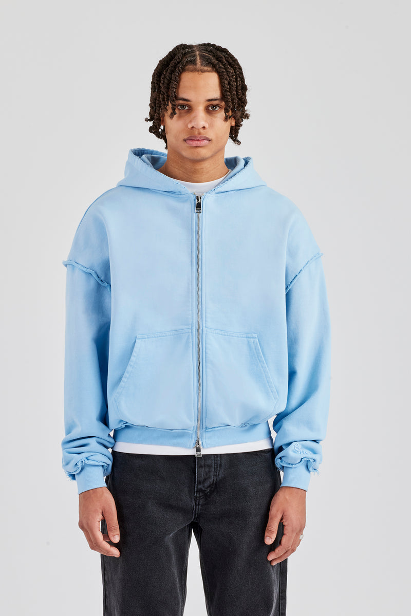 Boxy Washed Raw Edge Zip Through Hoodie Light Blue Mens