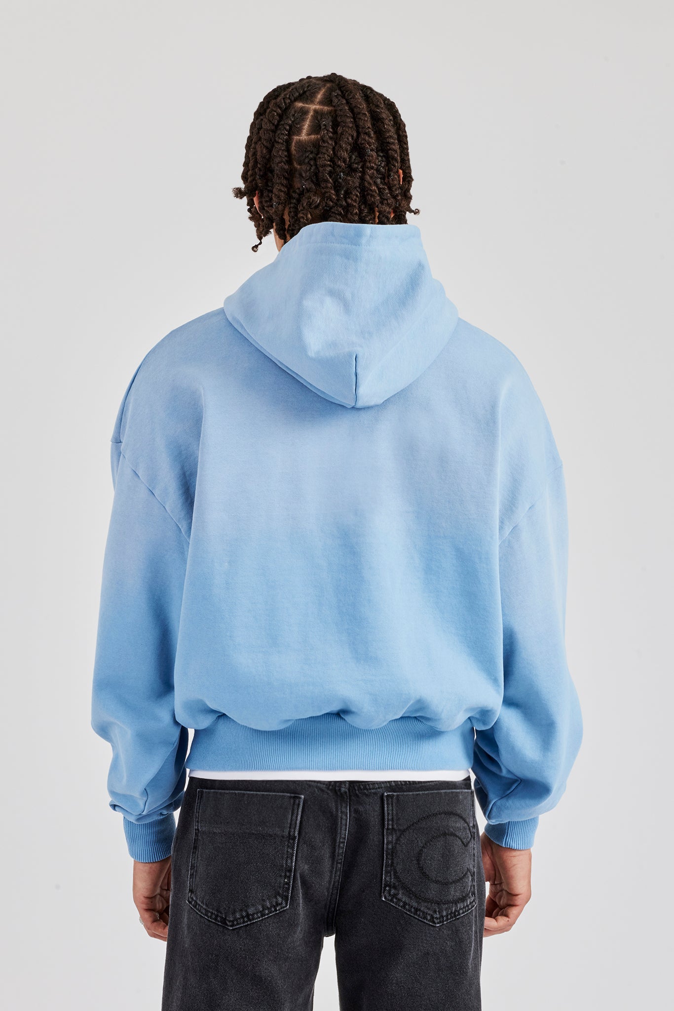 Boxy Washed Raw Edge Zip Through Hoodie - Light Blue