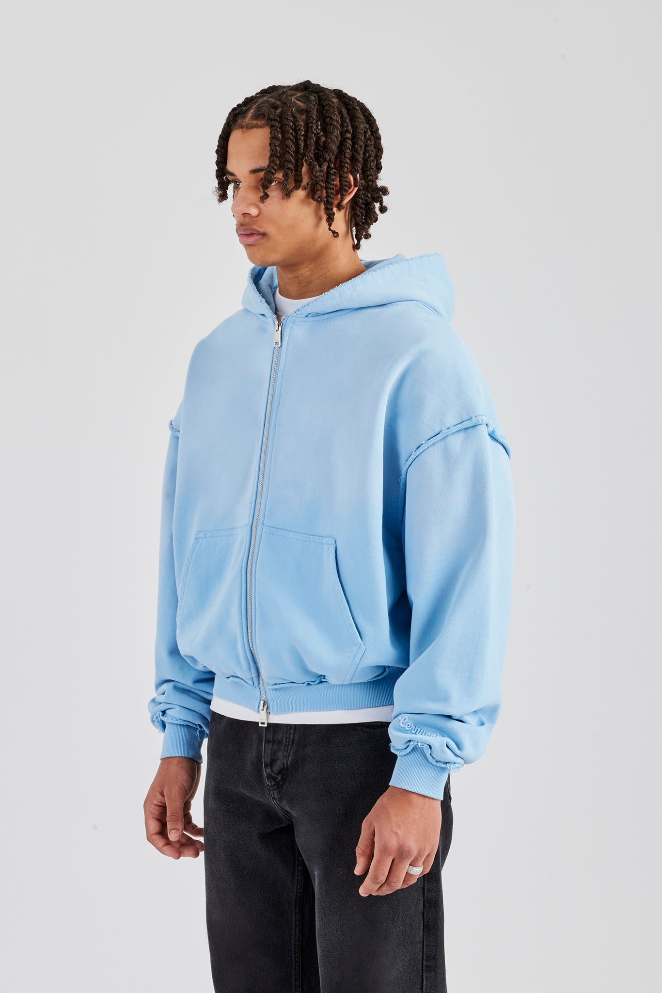 Boxy Washed Raw Edge Zip Through Hoodie - Light Blue