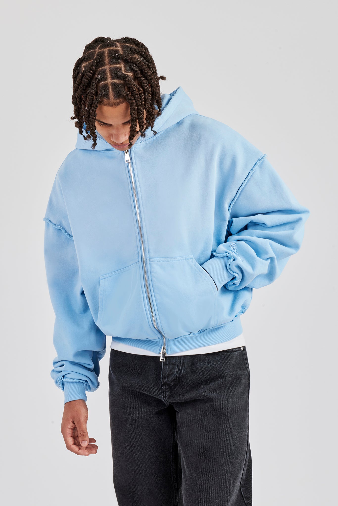 Boxy Washed Raw Edge Zip Through Hoodie - Light Blue | Mens