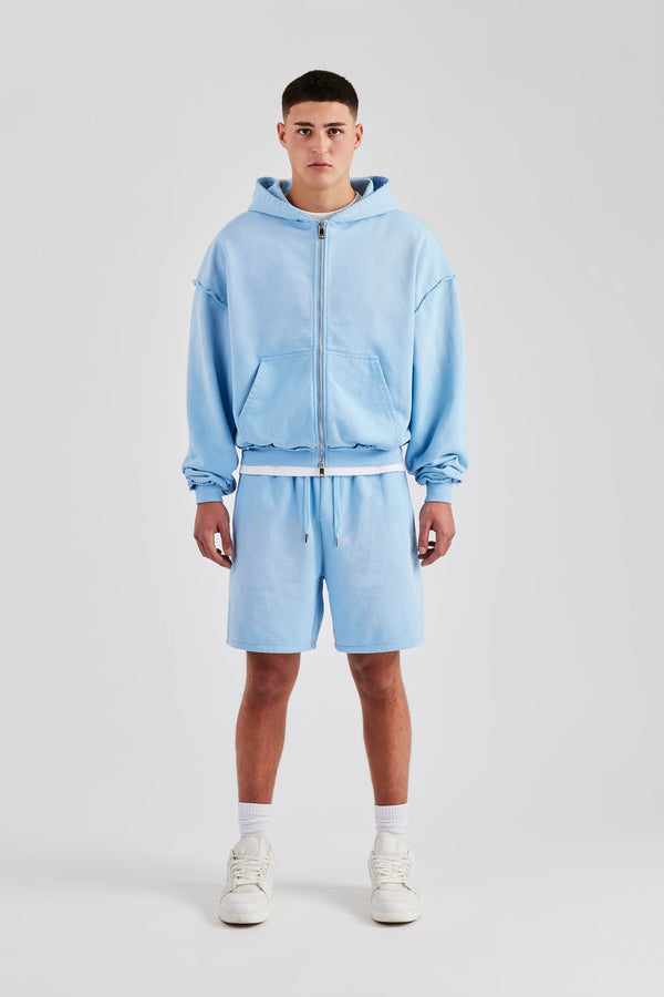 Boxy Washed Raw Edge Zip Through Hoodie & Jort - Light Blue