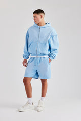 Boxy Washed Raw Edge Zip Through Hoodie & Jort - Light Blue