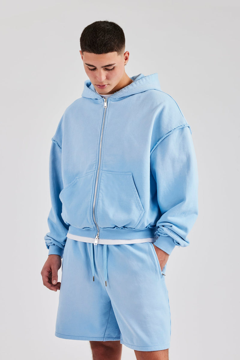 Boxy Washed Raw Edge Zip Through Hoodie - Light Blue