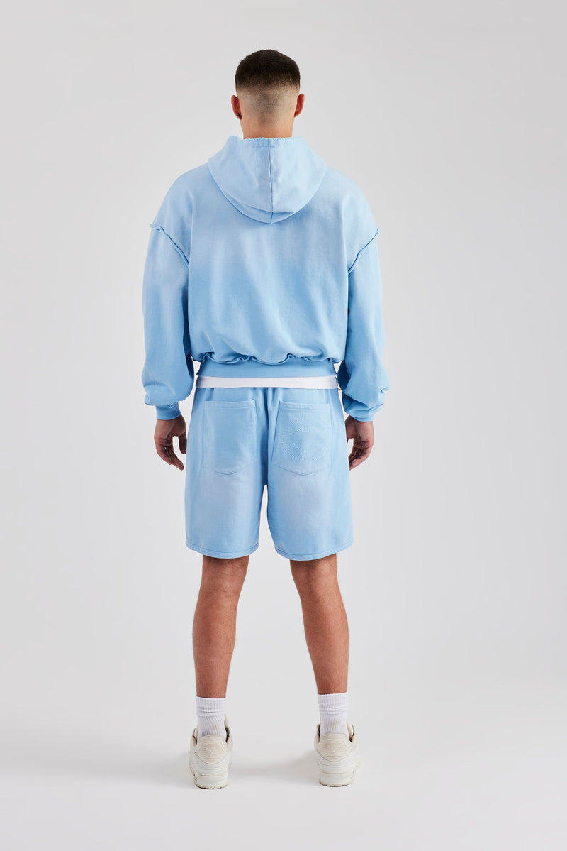 Boxy Washed Raw Edge Zip Through Hoodie & Jort - Light Blue