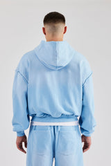 Boxy Washed Raw Edge Zip Through Hoodie - Light Blue