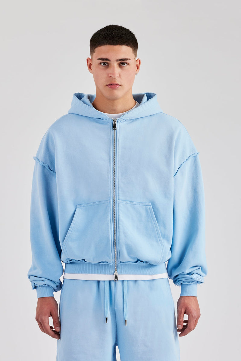 Boxy Washed Raw Edge Zip Through Hoodie - Light Blue