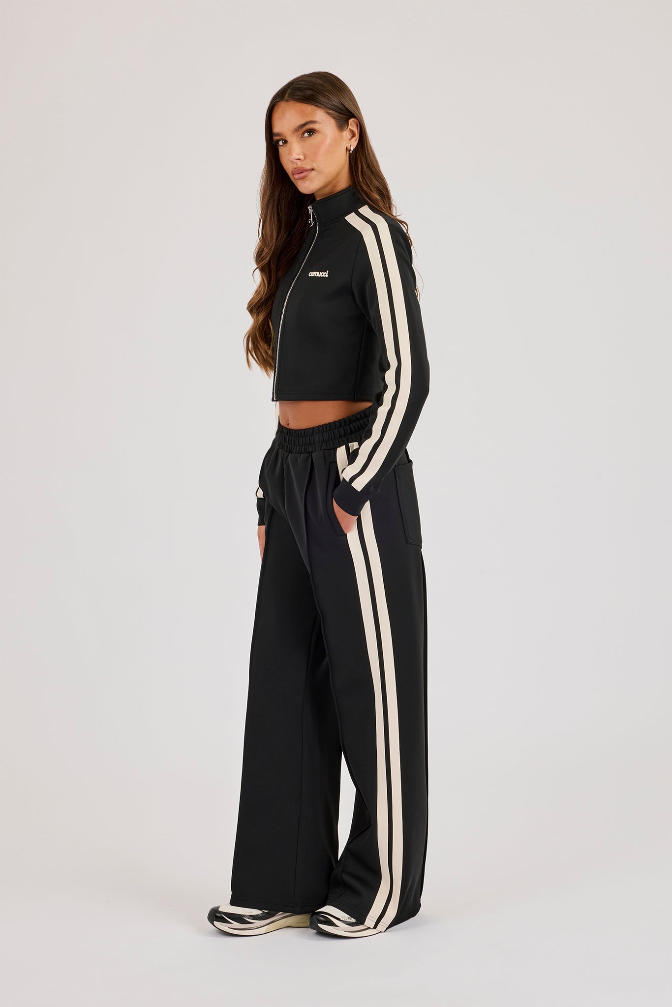 Fitted Taping Track Top & Wide Leg Track Pant - Black