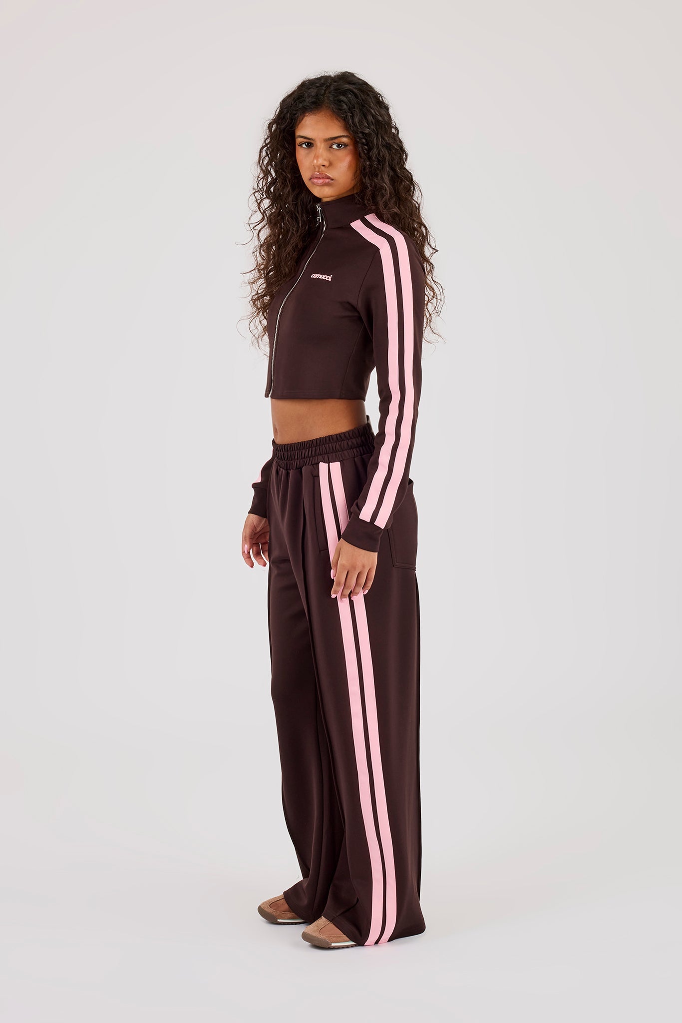 Fitted Pink Taping Track Top & Wide Leg Jogger - Chocolate