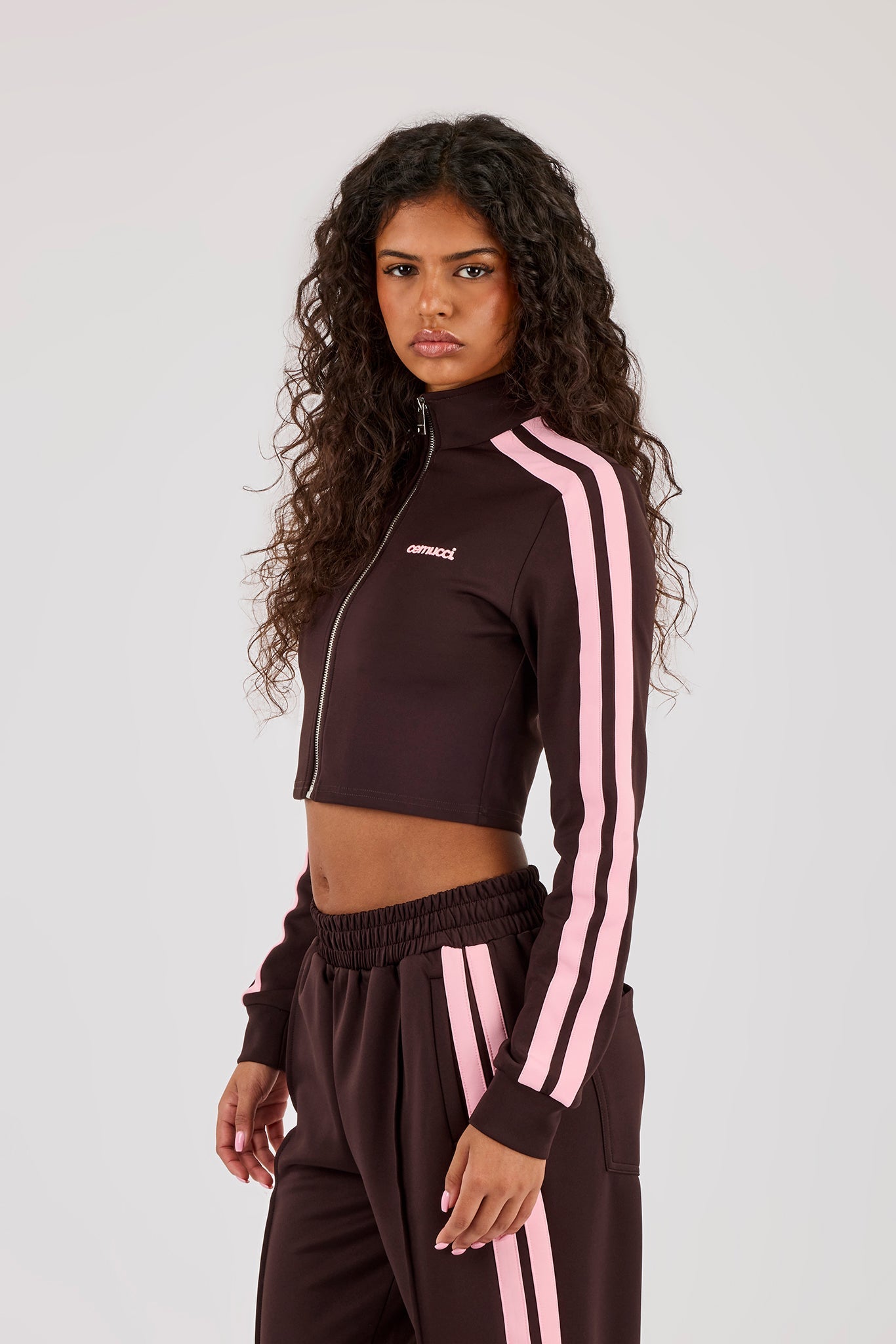 Fitted Pink Taping Track Top - Chocolate