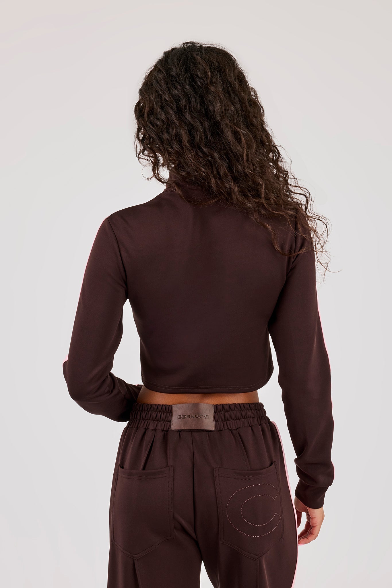Fitted Pink Taping Track Top - Chocolate