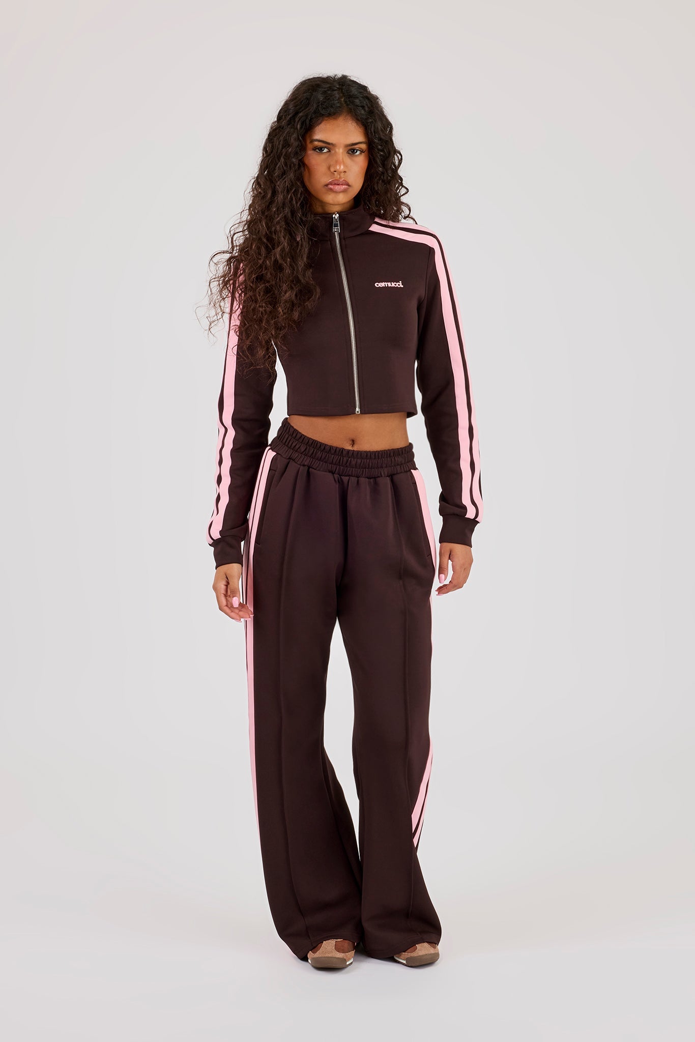 Fitted Pink Taping Track Top - Chocolate