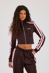 Fitted Pink Taping Track Top - Chocolate