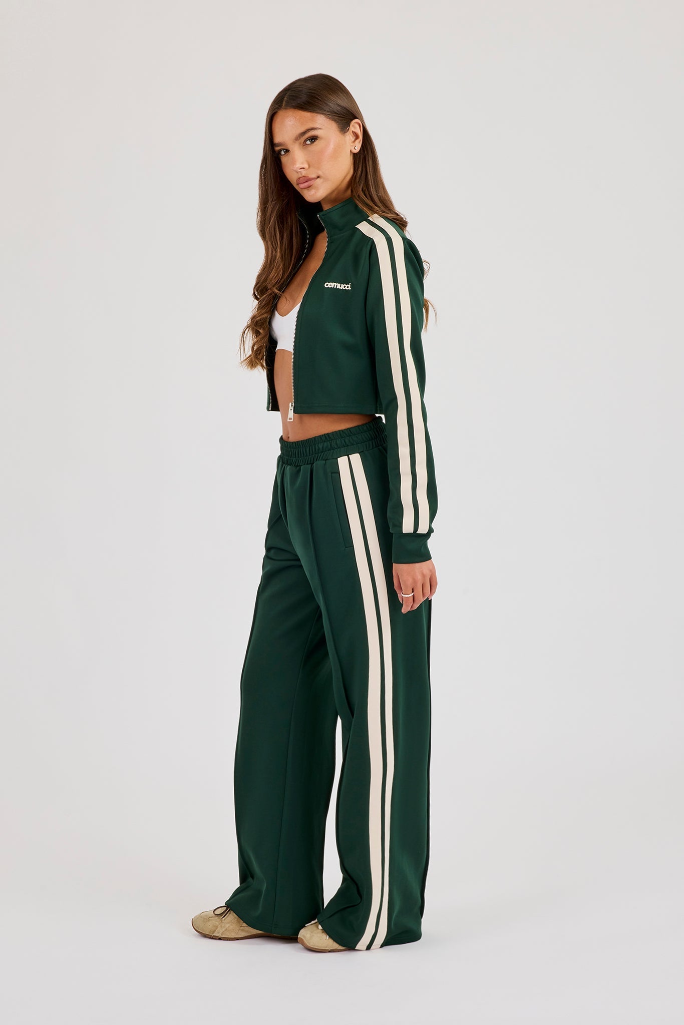 Fitted Taping Track Top & Wide Leg Track Pant - Forest Green