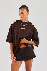 Mesh Denim Applique Football Top - Chocolate