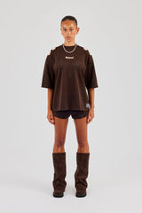 Mesh Denim Applique Football Top - Chocolate