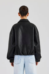 Oversized Collared Pu Bomber - Black