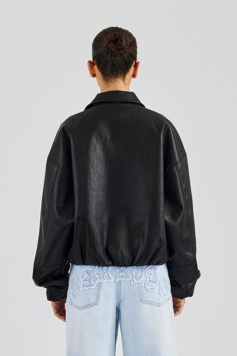 Oversized Collared Pu Bomber - Black