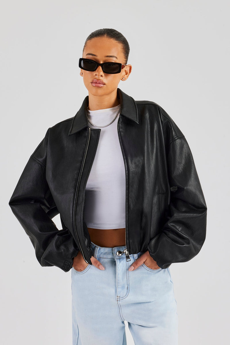 Oversized Collared Pu Bomber - Black