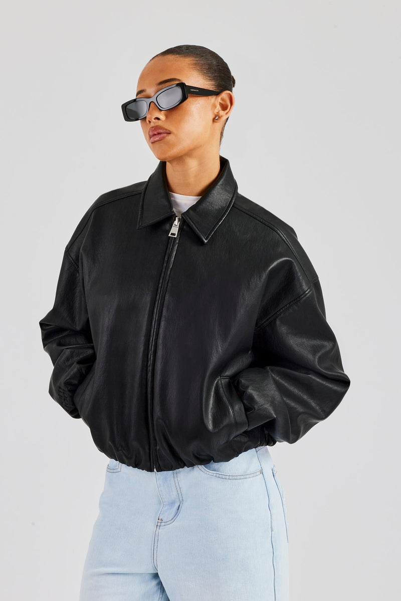 Oversized Collared Pu Bomber - Black