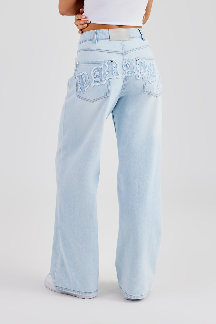 Baggy Paraiso Applique Jeans - Light Blue