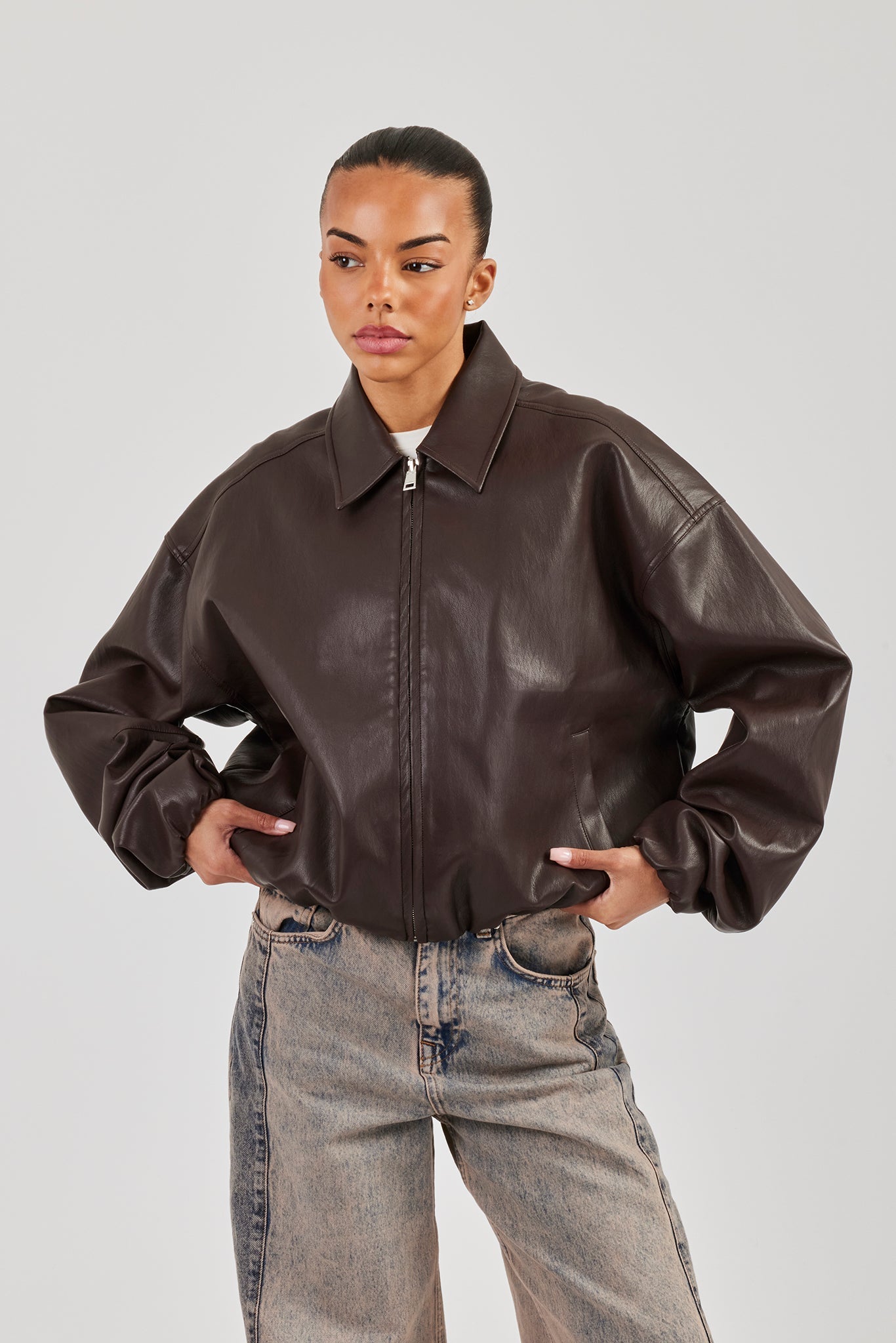 Oversized Collared PU Bomber - Chocolate