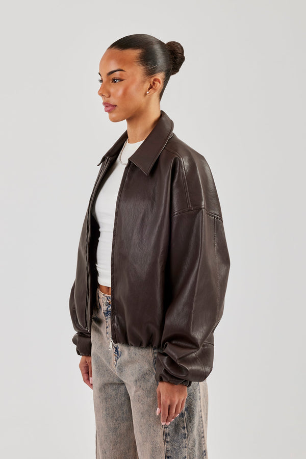 Oversized Collared PU Bomber - Chocolate