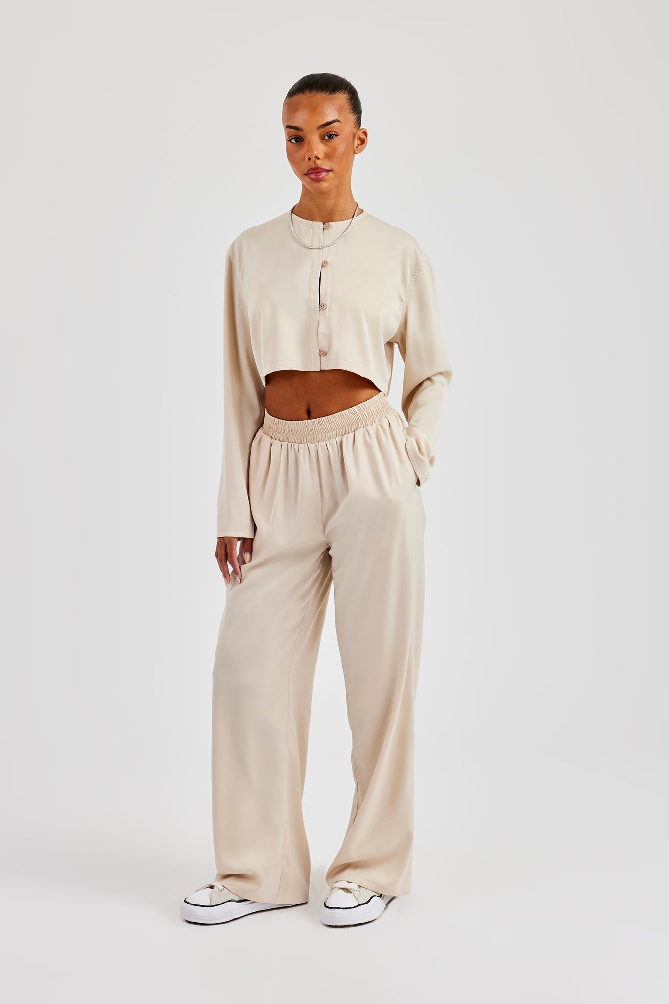 Cropped Satin Button Up Top & Wide Leg Trouser - Beige
