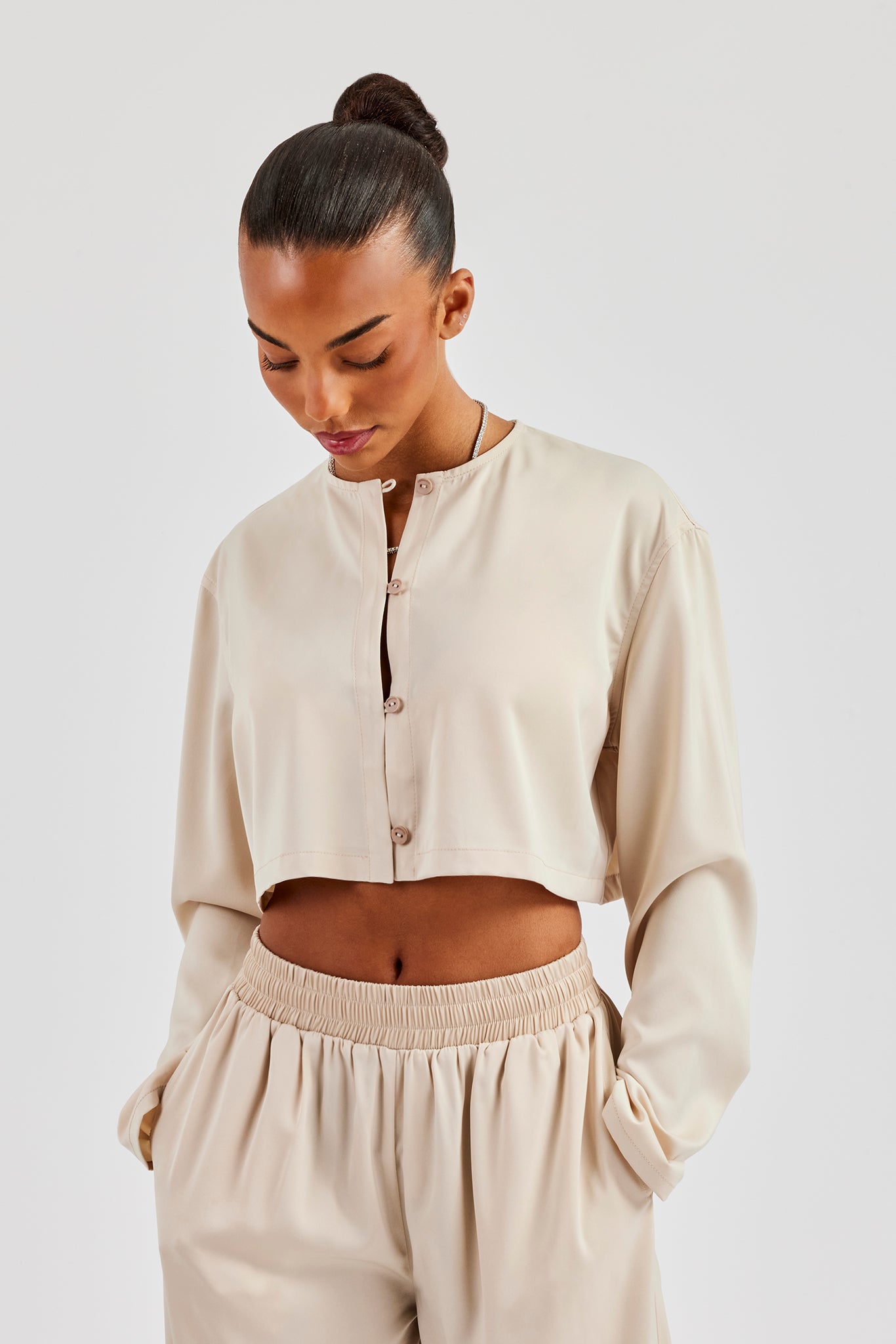 Cropped Satin Button Up Top - Beige