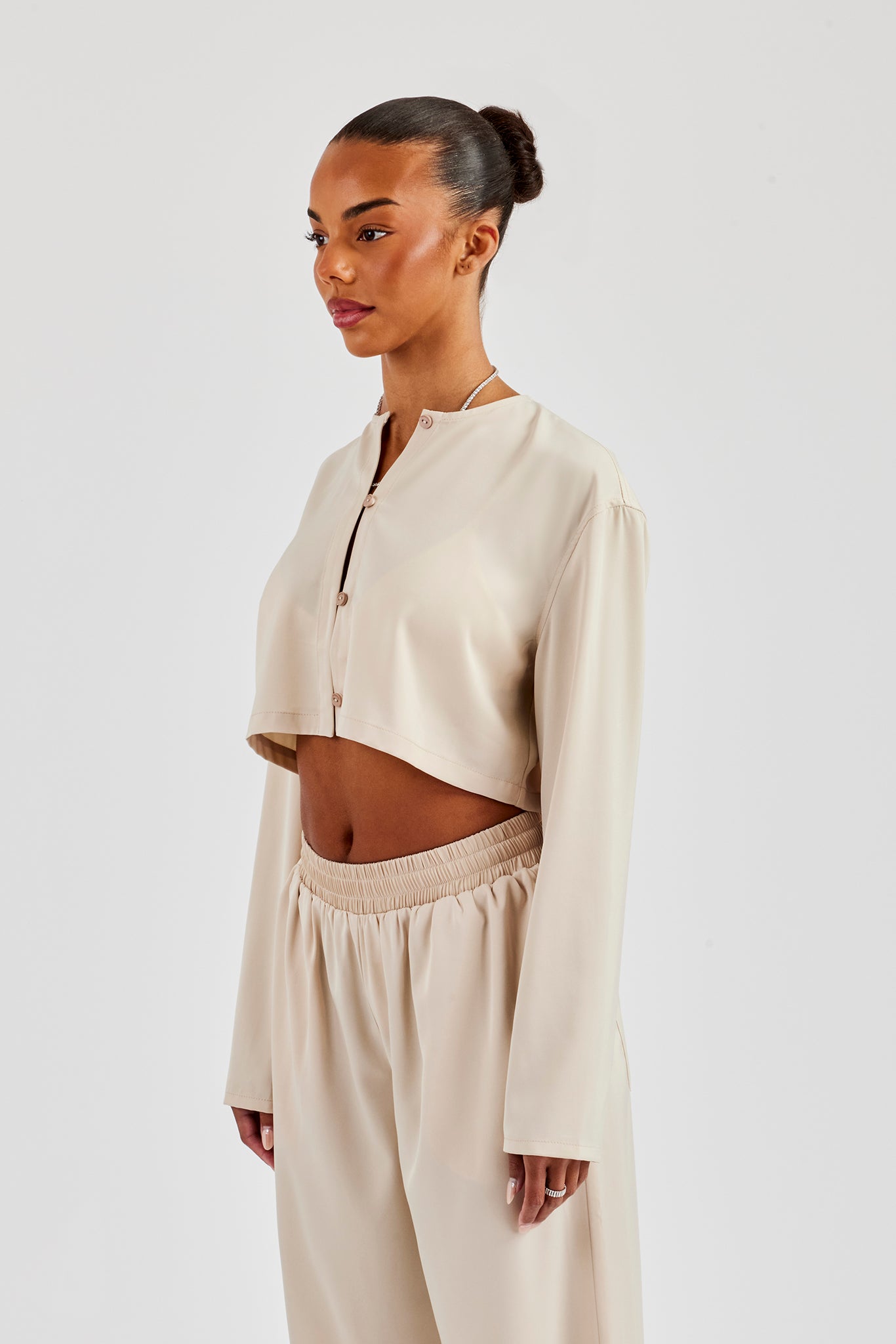 Cropped Satin Button Up Top - Beige
