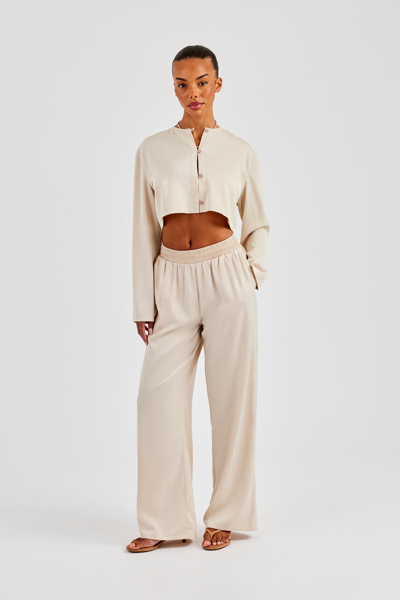 Satin Wide Leg Trouser - Beige