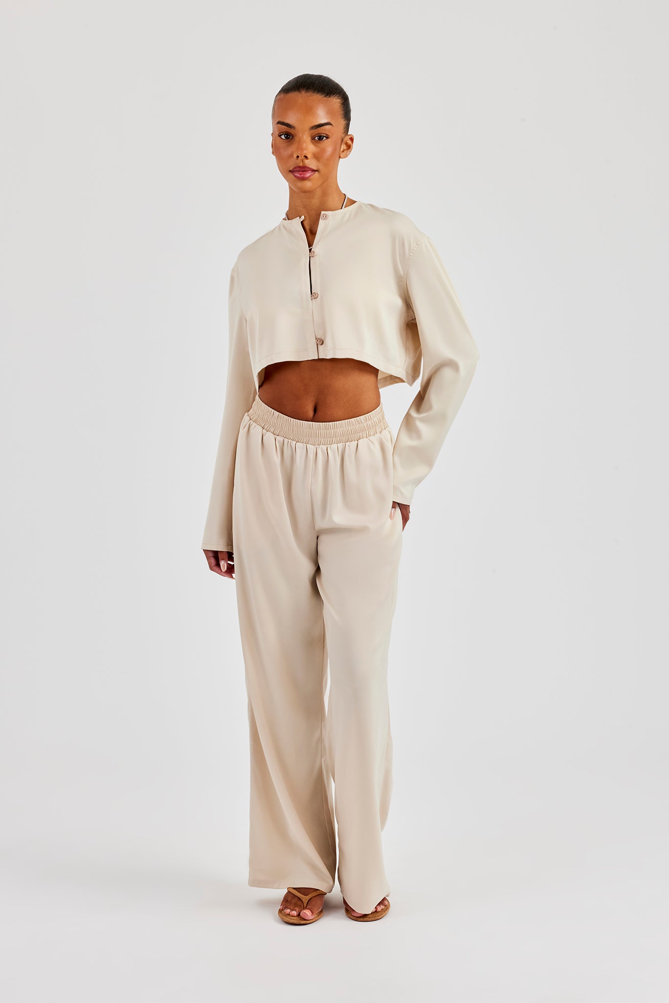 Cropped Satin Button Up Top & Wide Leg Trouser - Beige