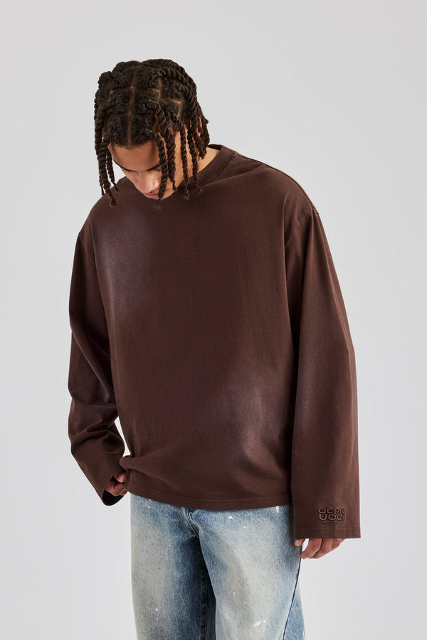 Washed Oversized Long Sleeve T-Shirt - Chocolate