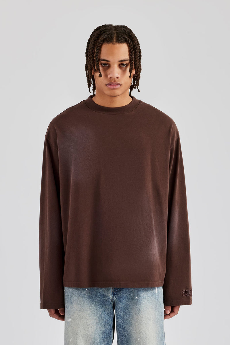 Washed Oversized Long Sleeve T-Shirt - Chocolate