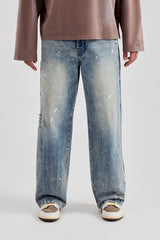 Distressed Paint Splatter Baggy Denim Jean - Antique Wash