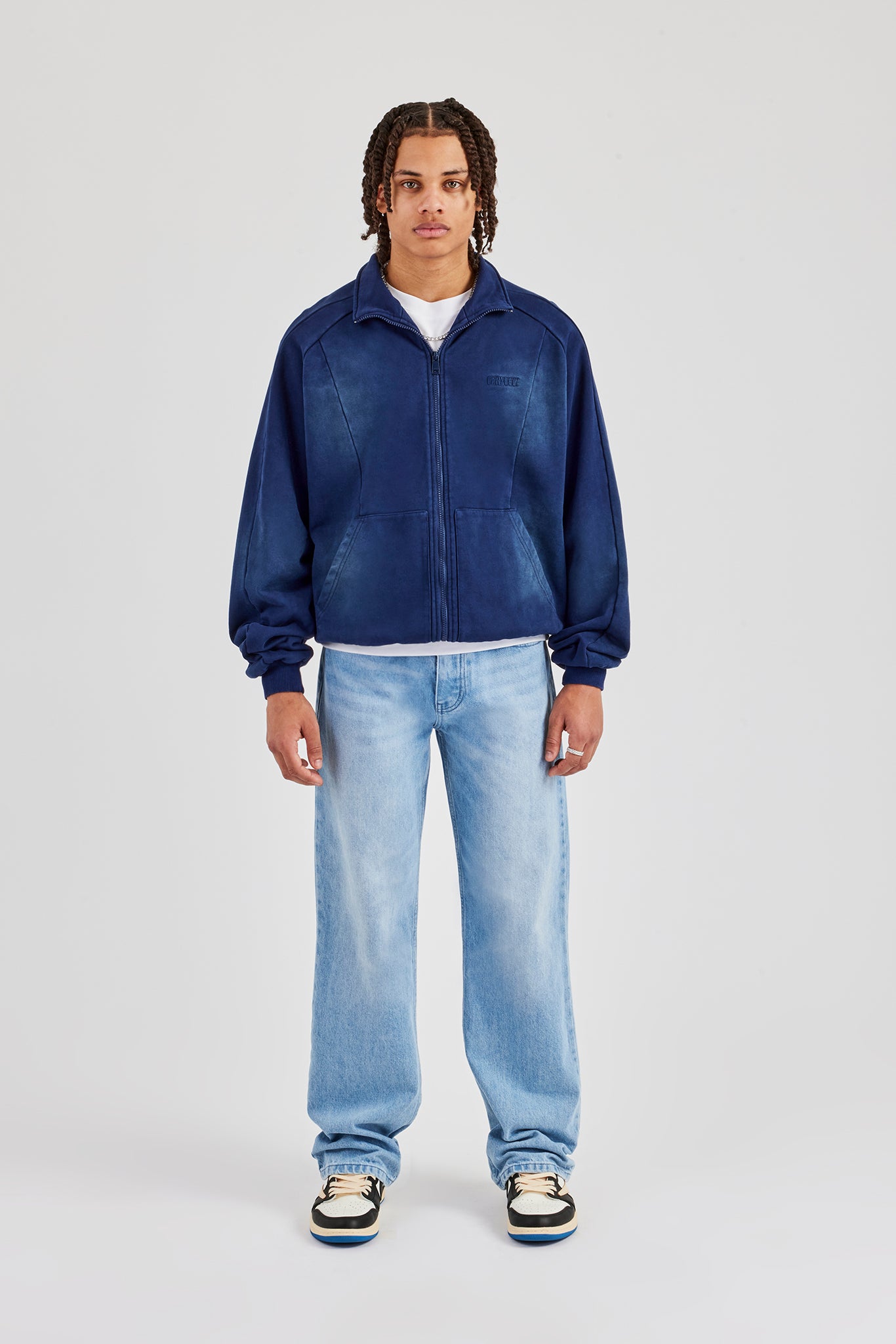 Washed Raglan Seam Detail Zip Through Hoodie - Navy Blue