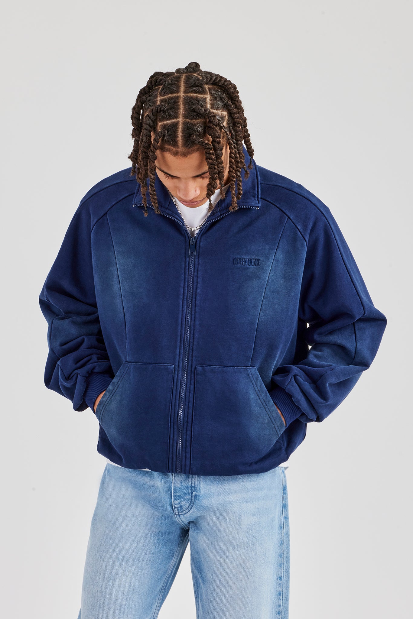 Washed Raglan Seam Detail Zip Through Hoodie - Navy Blue